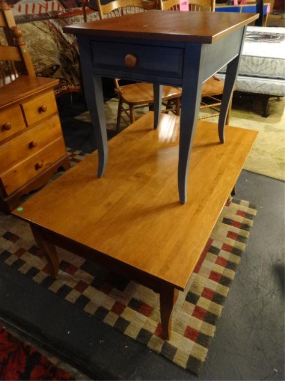 2 PC ETHAN ALLEN COFFEE AND SIDE TABLES, ARTS AND: 2 PC ETHAN ALLEN COFFEE AND SIDE TABLES, ARTS AND CRAFTS STYLE, EACH WITH SINGLE DRAWERS, SIDE TABLE HAS BLUE FINISH BASE, STAMPED ETHAN ALLEN, COFFEE TABLE APPROX 4' X 2.5', SIDE TABLE APPROX 2' X 1.