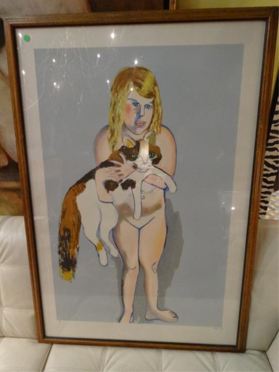 ALICE NEEL SIGNED LITHOGRAPH, YOUNG GIRL WITH CAT,: ALICE NEEL SIGNED LITHOGRAPH, YOUNG GIRL WITH CAT, LIMITED EDITION NUMBERED 47 OF 100, PENCIL SIGNED AND DATE '81 LOWER RIGHT, PROVENANCE: FROM THE ESTATE OF DOROTHY LEVESS, 48" X 34" FRAMED, SKU 126.