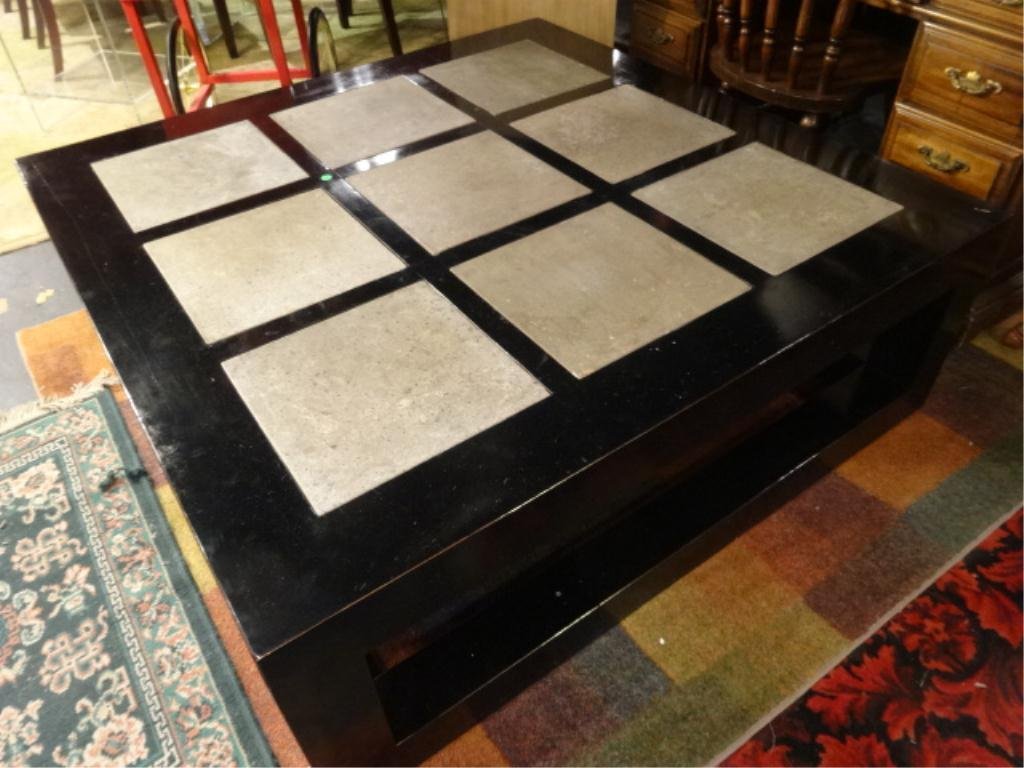 MODERN DESIGN COFFEE TABLE, BLACK ENAMEL WOOD FRAME, 2": MODERN DESIGN COFFEE TABLE, BLACK ENAMEL WOOD FRAME, 2" THICK STONE INSET TILES, APPROX 4' X 4' X 20"H