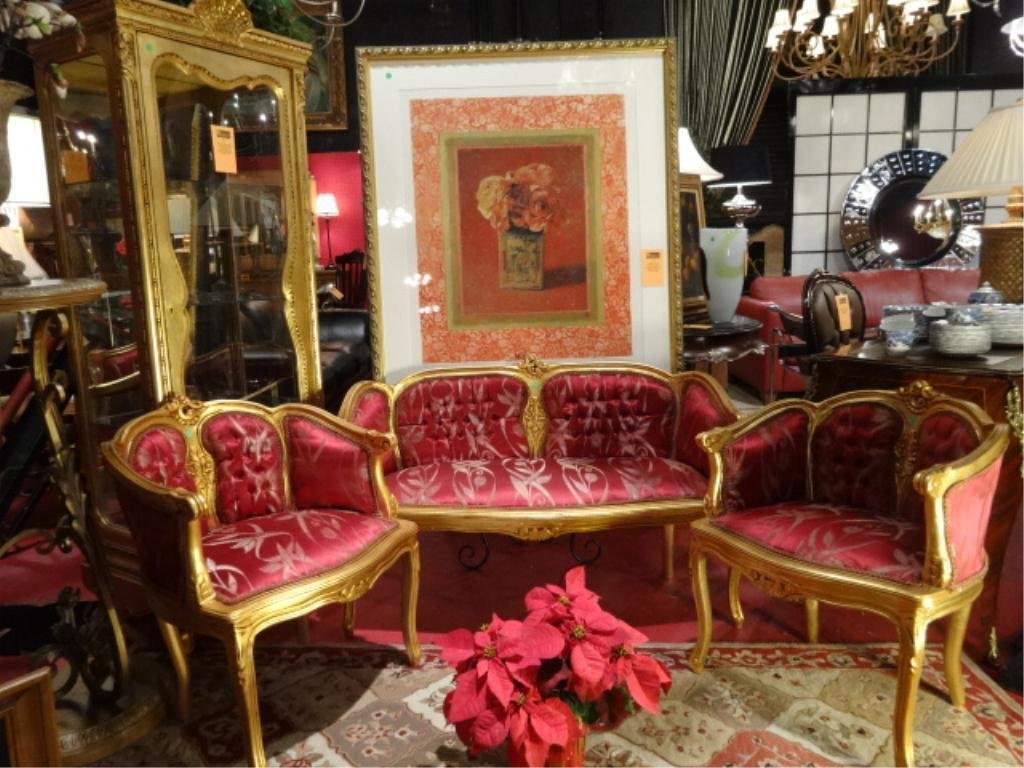 FRENCH LOUIS XV STYLE LOVESEAT, GOLD FINISH WOOD FRAME,: FRENCH LOUIS XV STYLE LOVESEAT, GOLD FINISH WOOD FRAME, RED AND GOLD UPHOLSTERY, NEW, NEVER USED, MATCHING PAIR CHAIRS SOLD SEPARATELY, APPROX 5'W X 38"H X 22"D, SKU959.18