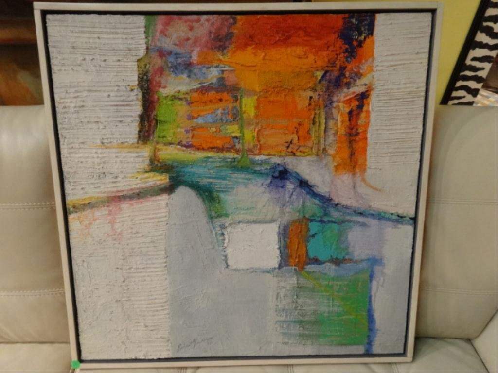 ROBERT KEYSER (AMERICAN, 1921-1999) OIL PAINTING ON: ROBERT KEYSER (AMERICAN, 1921-1999) OIL PAINTING ON CANVAS, "IMMOVABLE WHITE", ABSTRACT COMPOSITION WITH TEXTURED PIGMENTS AND DRIP ELEMENTS. SIGNED BOTTOM CENTER "ROBERT KEYSER / '60". STRETCHER BEAR
