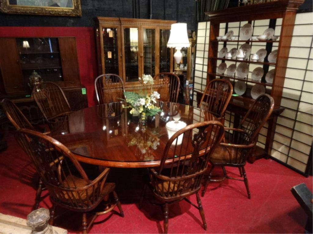 BEAUTIFUL 7 FT ROUND DINING TABLE WITH 8 ANTIQUE HIGH: BEAUTIFUL 7 FT ROUND DINING TABLE WITH 8 ANTIQUE HIGH BACK WINDSOR CHAIRS, TABLE HAS CUSTOM PROTECTIVE GLASS TOP AND TWO 22" OPTIONAL LEAVES, COORDINATING HUTCH SOLD SEPARATELY
