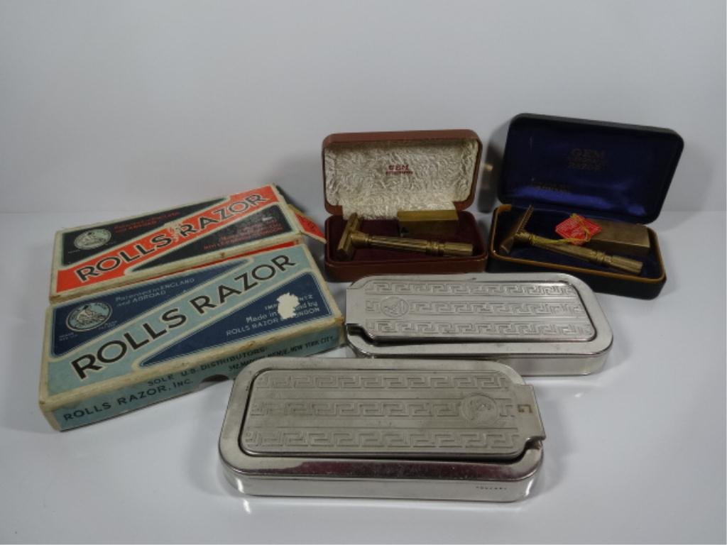 4 PC SHAVING GROUP - 2 ROLLS RAZOR BLADE SHARPENERS, 2: 4 PC SHAVING GROUP - 2 ROLLS RAZOR BLADE SHARPENERS, 2 GEM MICROMATIC RAZORS, ALL IN ORIGINAL BOXES, SKU152.03