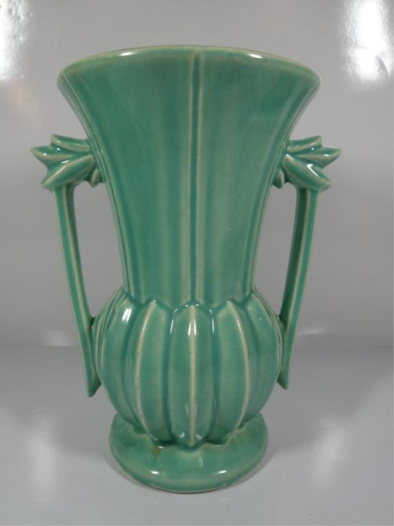 GREEN MCCOY POTTERY TWOHANDLED VASE, APPROX 9"H,