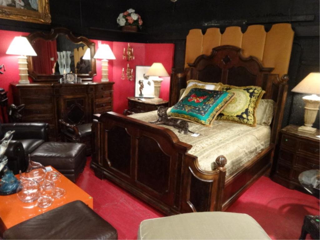 SPECTACULAR BERNHARDT KING BEDROOM SET, 6 PCS: SPECTACULAR BERNHARDT KING BEDROOM, INCLUDES 2 MARBLE TOP NIGHTSTANDS, KING HEADBOARD, FOOTBOARD, RAILS, SLATS, DRESSER, MIRROR, AND WARDROBE/ENTERTAINMENT ARMOIRE, EXCELLENT CONDITION