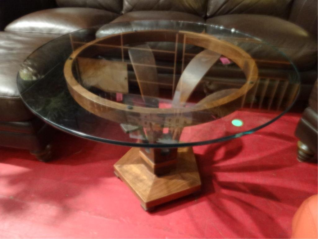 RARE EDWARD WORMLEY DUNBAR WOOD TULIP TABLE, #5620,: RARE EDWARD WORMLEY DUNBAR WOOD TULIP TABLE, #5620, WITH BRASS DUNBAR LABEL, 24.5"H X 24"W, GLASS TOP APPROX 30" DIAMETER, SKU114.51