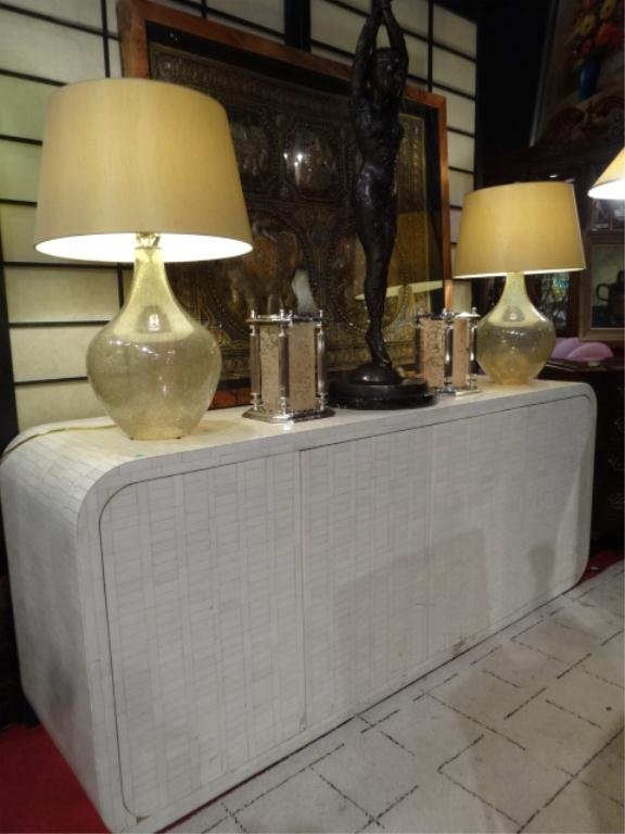KARL SPRINGER STYLE BONE TILE SIDEBOARD, INTERIOR WITH: KARL SPRINGER STYLE BONE TILE SIDEBOARD, INTERIOR WITH GLASS SHELVES AND DRAWERS, APPROX 20"D X 72.25"W X 29.75"H