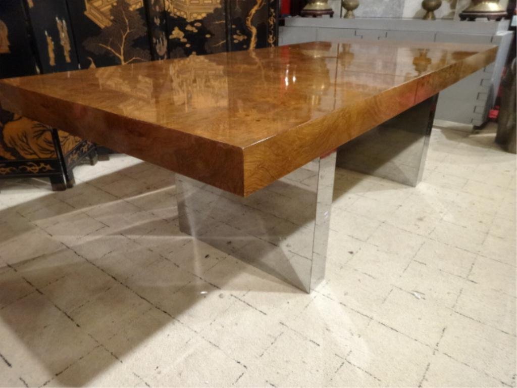 MILO BAUGHMAN FOR THAYER COGGIN DINING TABLE, CHROME: MILO BAUGHMAN FOR THAYER COGGIN DINING TABLE, CHROME BASE WITH DUAL PEDESTALS, BURL WOOD VENEER TOP, 78.5"W X 40"D X 28"H, WITH TWO 22" LEAVES (DINING CHAIRS IN PHOTOS SOLD SEPARATELY)