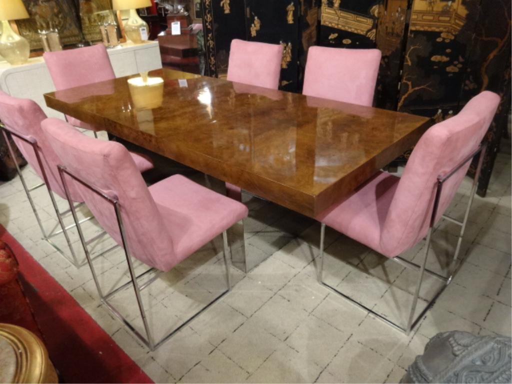 SET OF 6 MILO BAUGHMAN THAYER COGGIN DINING CHAIRS,: SET OF 6 MILO BAUGHMAN THAYER COGGIN DINING CHAIRS, CIRCA 1970's, CHROME TUBE STEEL BASES, BLUSH ULTRASUEDE UPHOLSTERY, EXCELLENT CONDITION, UNMARKED, 36" X 19" X 22"