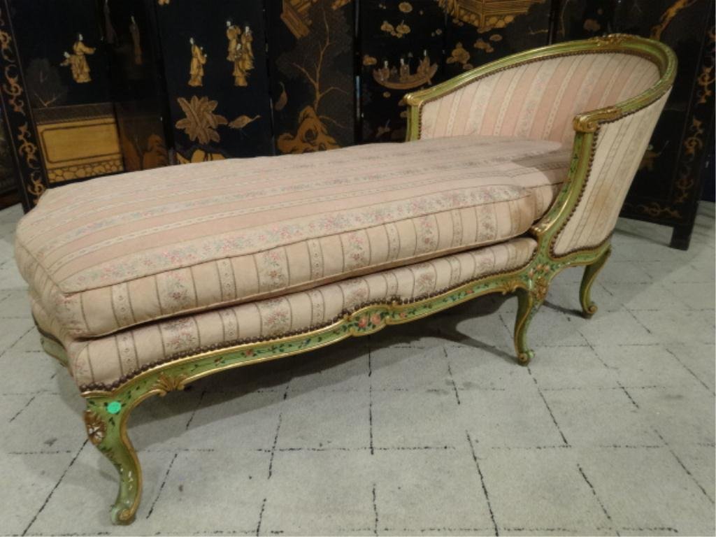 LOUIS XV STYLE CHAISE LONGUE, GOLD GILT AND PALE GREEN: LOUIS XV STYLE CHAISE LONGUE, GOLD GILT AND PALE GREEN PAINTED ACCENTS, CARVED AND PAINTED FLORALS, NAILHEAD TRIM, RIBBON STRIPE UPHOLSTERY
