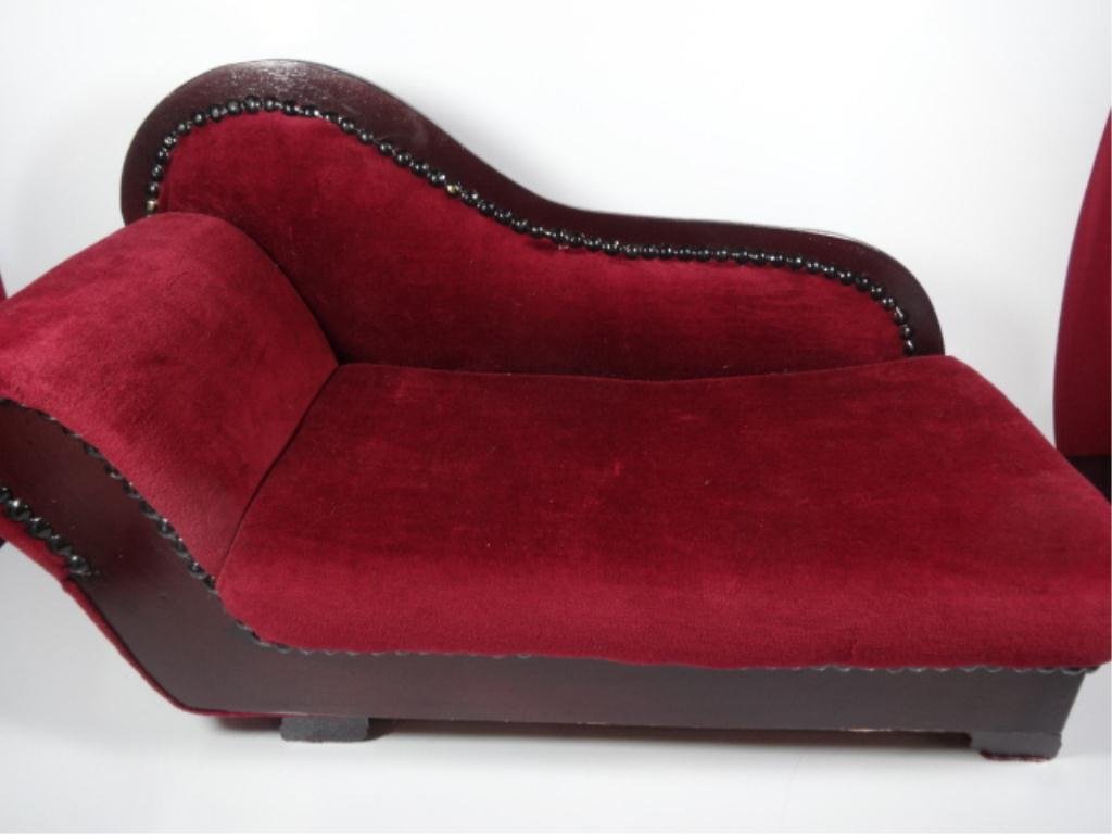 MINIATURE CHAISE (DOLL FURNITURE SIZE) WITH RED: MINIATURE CHAISE (DOLL FURNITURE SIZE) WITH RED UPHOLSTERY, APPROX 11.5"H X 18.5"W X 8"D, SKU176.16