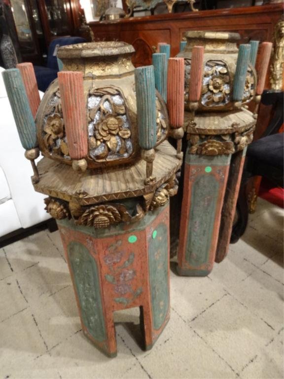 PAIR ANTIQUE CARVED WOOD PILLARS, POSSIBLY INDONESIAN,: PAIR ANTIQUE CARVED WOOD PILLARS, POSSIBLY INDONESIAN, APPEAR TO HAVE BEEN PART OF A DOORWAY OR OTHER STRUCTURE, APPROX 3'H X 14"W