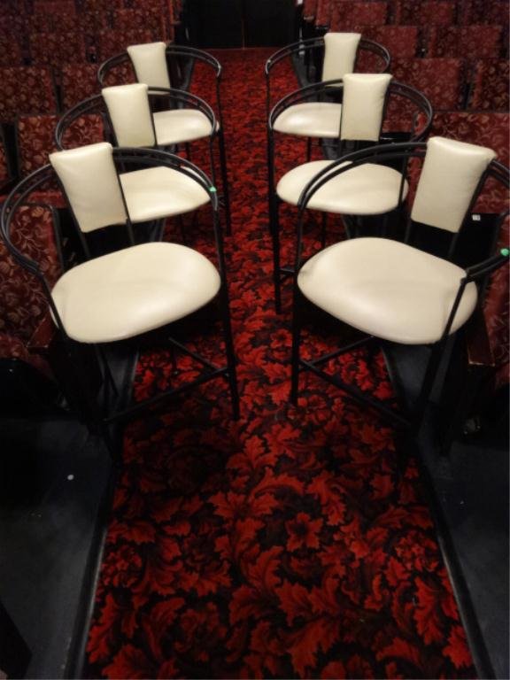 6 MODERN DESIGN LEATHER BARSTOOLS, BLACK METAL BASES,: 6 MODERN DESIGN LEATHER BARSTOOLS, BLACK METAL BASES, CREAM COLOR LEATHER SEATS AND BACKS