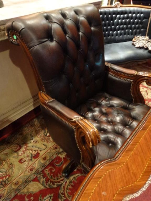 LEATHER EXECUTIVE DESK CHAIR, TUFTED LEATHER SEAT,: LEATHER EXECUTIVE DESK CHAIR, TUFTED LEATHER SEAT, SOLID VINTAGE CONDITION, SOME FADING TO LEATHER IN SPOTS, ONE MISSING BUTTON ON TUFTED SEAT