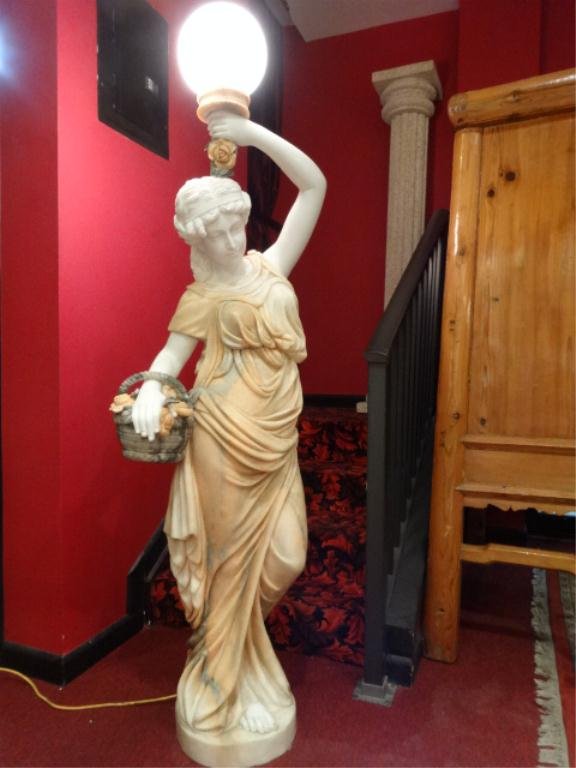 CARVED ALABASTER TORCHIERE, ROMAN MAIDEN WITH FLOWER: CARVED ALABASTER TORCHIERE, ROMAN MAIDEN WITH FLOWER BASKET, WHITE ALABASTER WITH GRAY AND PEACH TONES, FIGURE IS 61"H (GLOBE SHADE NOT INCLUDED, FOR DISPLAY ONLY), AND 20"W. OVERALL EXCELLENT CONDITI