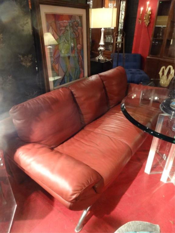 MODERN NATUZZI RED LEATHER SOFA, CURVED CHROME FEET, #2: MODERN NATUZZI RED LEATHER SOFA, CURVED CHROME FEET, #2 OF TWO AVAILABLE (EACH SOFA SOLD SEPARATELY), EXCELLENT CONDITION, SKU184.01