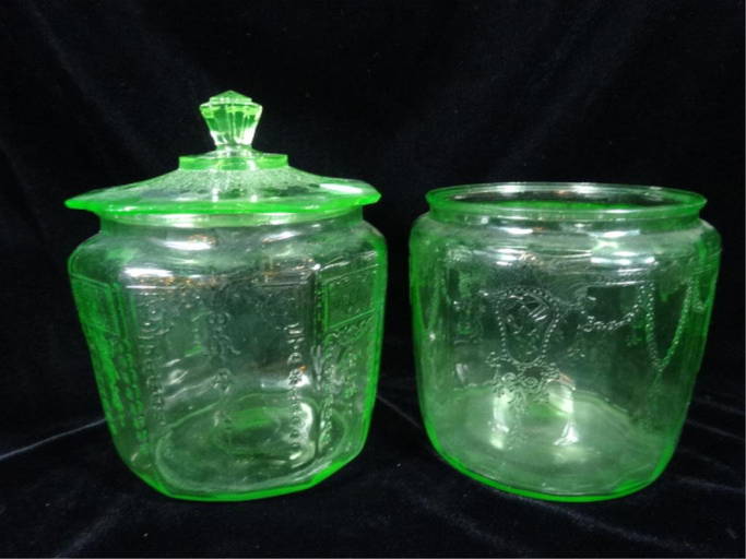 2 Green Depression Glass Canisters With 1 Lid,