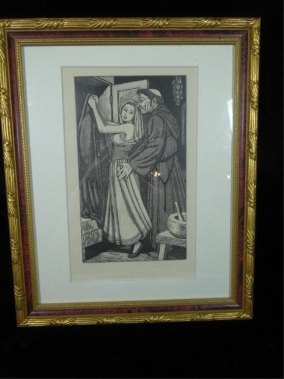 JOHN BUCKLAND WRIGHT AQUATINT, MAIDEN & MONK, APPROX: JOHN BUCKLAND WRIGHT AQUATINT, MAIDEN & MONK, APPROX 11.25" X 9.25" FRAMED, SKUAS