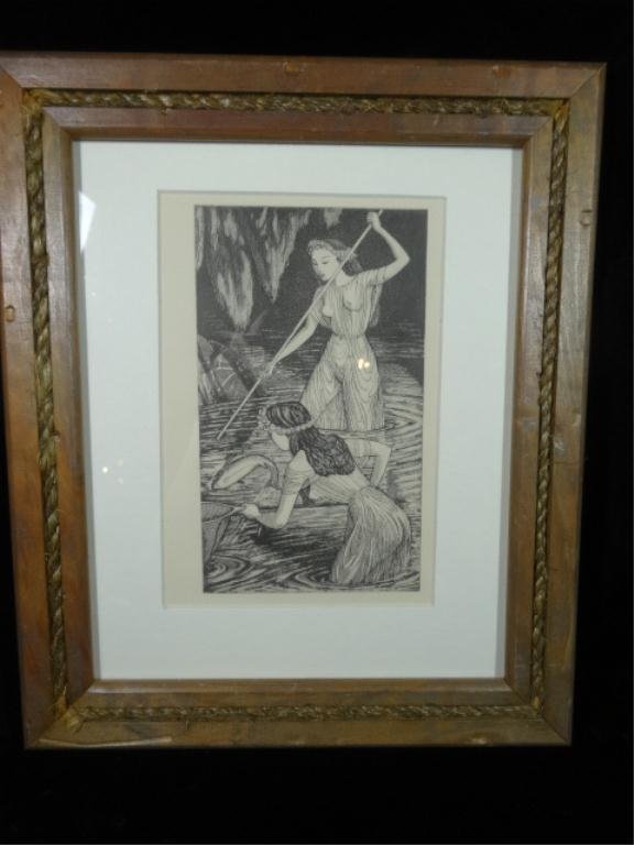 JOHN BUCKLAND WRIGHT AQUATINT, FISHING MAIDENS, APPROX: JOHN BUCKLAND WRIGHT AQUATINT, FISHING MAIDENS, APPROX 12.5" X 10.5" FRAMED, SKUAS