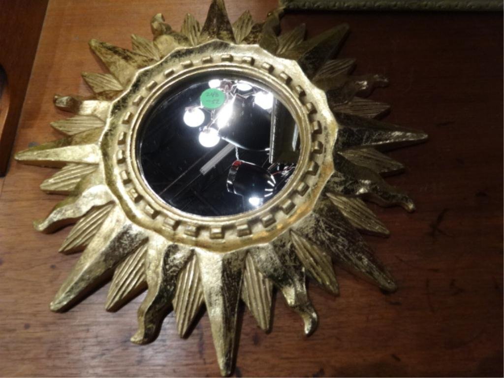 SMALL WOOD FRAME SUNBURST MIRROR, GOLD FINISH, APPROX: SMALL WOOD FRAME SUNBURST MIRROR, GOLD FINISH, APPROX 14" DIAMETER