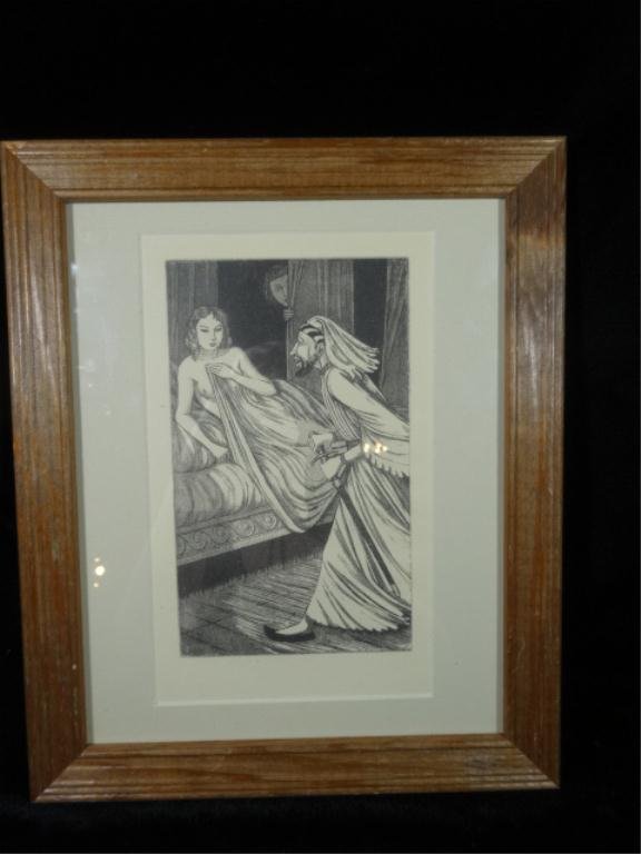 JOHN BUCKLAND WRIGHT AQUATINT, SHEIK AND MAIDEN, APPROX: JOHN BUCKLAND WRIGHT AQUATINT, SHEIK AND MAIDEN, APPROX 11.5" X 9.5" FRAMED, SKUAS