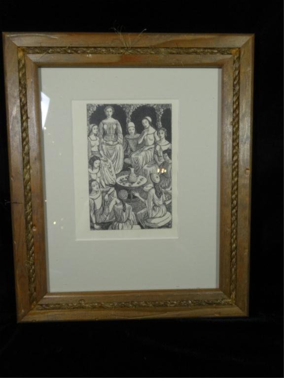 JOHN BUCKLAND WRIGHT AQUATINT, PARTY OF WOMEN, APPROX: JOHN BUCKLAND WRIGHT AQUATINT, PARTY OF WOMEN, APPROX 12.5" X 10.5" FRAMED, SKUAS