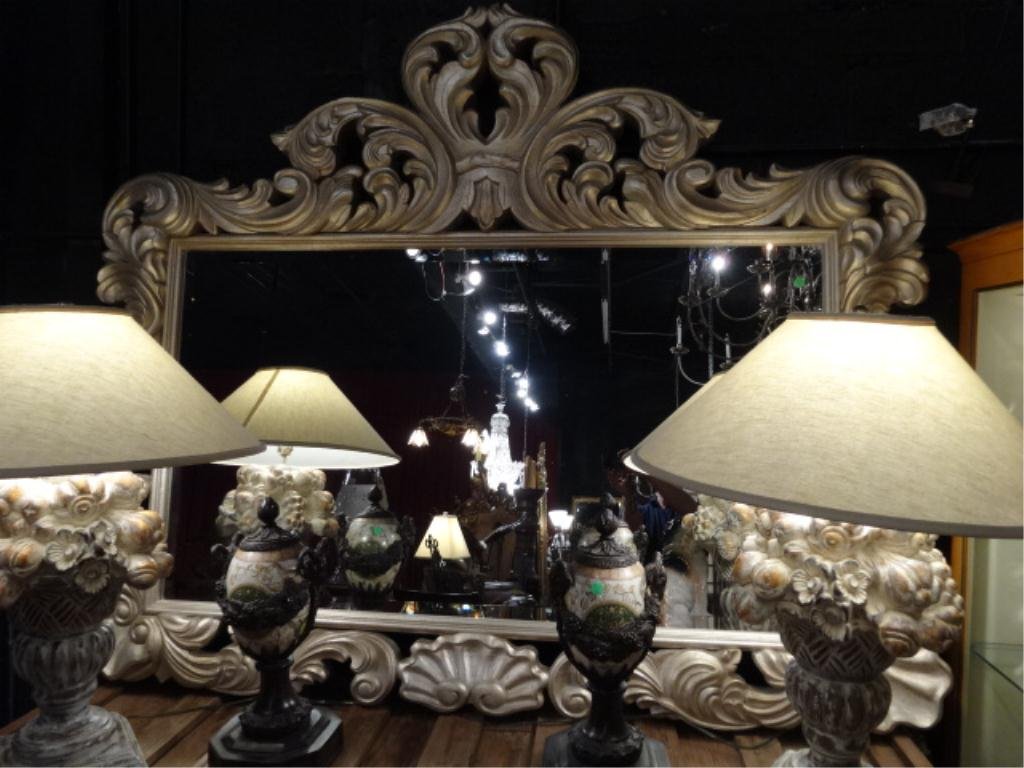 LARGE HENREDON WOOD MIRROR, SILVER FINISH, SCROLLING: LARGE HENREDON WOOD MIRROR, SILVER FINISH, SCROLLING FOLIATE DESIGNS, STAMPED HENREDON, APPROX 5' X 4'