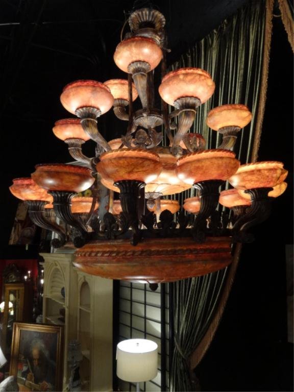 HUGE 3 TIER ALABASTER CHANDELIER, BRONZE FINISH FRAME,: HUGE 3 TIER ALABASTER CHANDELIER, BRONZE FINISH FRAME, ROUGE COLORED ALABASTER SHADES, APPROX 5'H X 4'W,SKU8023.51