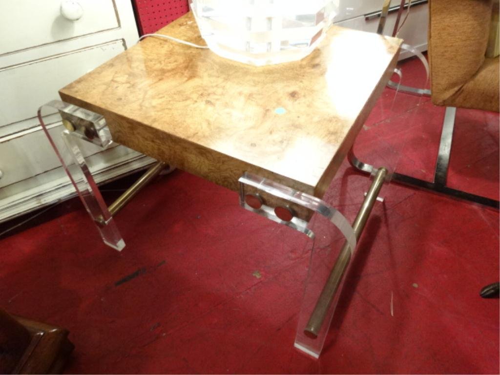 MILO BAUGHMAN LUCITE AND BURL WOOD TABLE, CIRCA 1970's,: MILO BAUGHMAN LUCITE AND BURL WOOD TABLE, CIRCA 1970's, LUCITE FRAME WITH BRASS STRETCHERS, BURL WOOD TOP, OVERALL VERY GOOD CONDITION COMMENSURATE WITH AGE, BRASS BARS HAVE SOME TARNISH/PITTING, NOT 