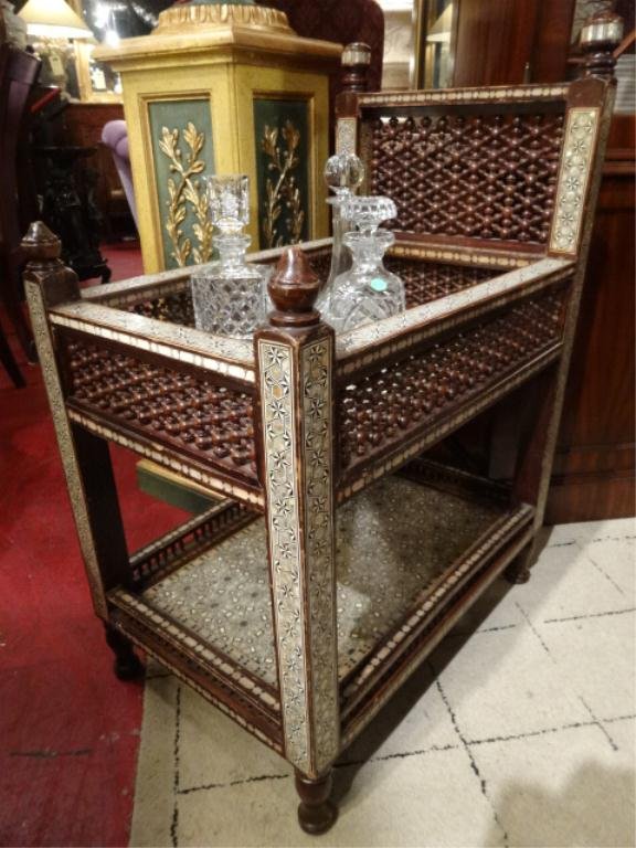 MOROCCAN INLAID MOTHER OF PEARL TABLE, TWO TIERS: MOROCCAN INLAID MOTHER OF PEARL TABLE, TWO TIERS, VERY GOOD OVERALL CONDITION, SOME LOSS OF SMALL INLAY TILES, APPROX 25"L X 15"W X 25"H,SKU248.09