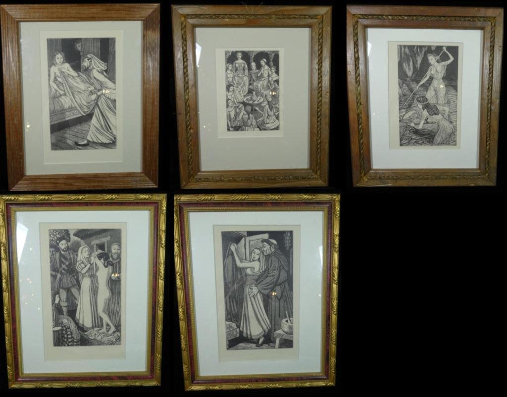 5 JOHN BUCKLAND WRIGHT AQUATINTS, SOLD TOGETHER: 5 JOHN BUCKLAND WRIGHT AQUATINTS, SOLD TOGETHER. SHEIK AND MAIDEN, APPROX 11.5" X 9.5" FRAMED, UNDRESSING MAIDEN, APPROX 11.25" X 9.25" FRAMED, MAIDEN & MONK, APPROX 11.25" X 9.25" FRAMED, PARTY OF WO