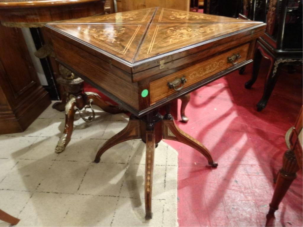 ENGLISH EDWARDIAN MARQUETRY CARD TABLE, CIRCA 1905,: ENGLISH EDWARDIAN MARQUETRY CARD TABLE, CIRCA 1905, PEDESTAL BASE, FOLDING TOP, GREEN FELT PLAYING SURFACE, INTRICATE INLAY ON TABLE TOP AND PEDESTAL BASE, APPROX 25"W WHEN CLOSED, 30"H