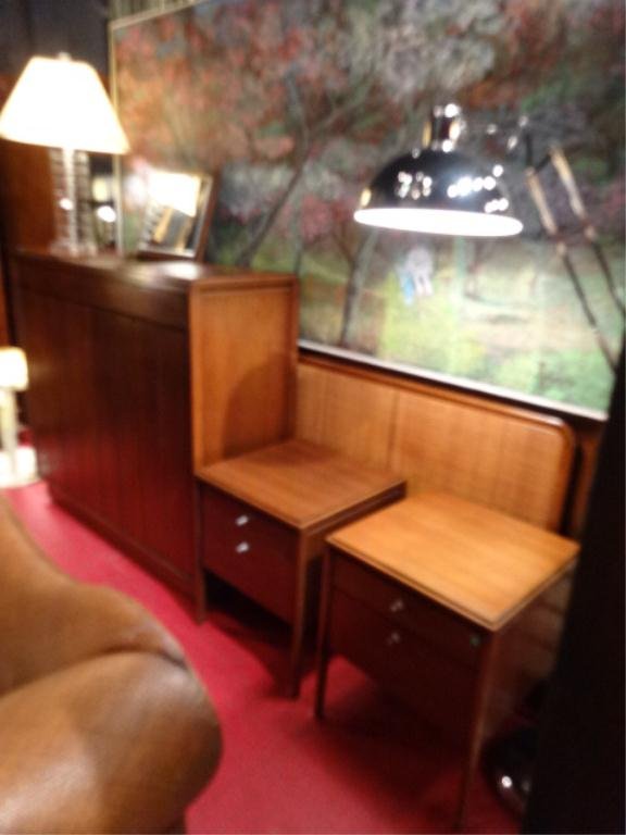 WIDDICOMB KING BEDROOM SET, CIRCA LATE 1950'S/1960'S,: WIDDICOMB KING BEDROOM SET IN THE MANNER OF ROBSJOHN-GIBBINGS, CIRCA LATE 1950'S/1960'S, INCLUDES CANE PANEL HEADBOARD, TALL CHEST WITH FLIP TOP VANITY MIRROR & SLIDE OUT SHELVES, 2 NIGHTSTANDS, WITH 