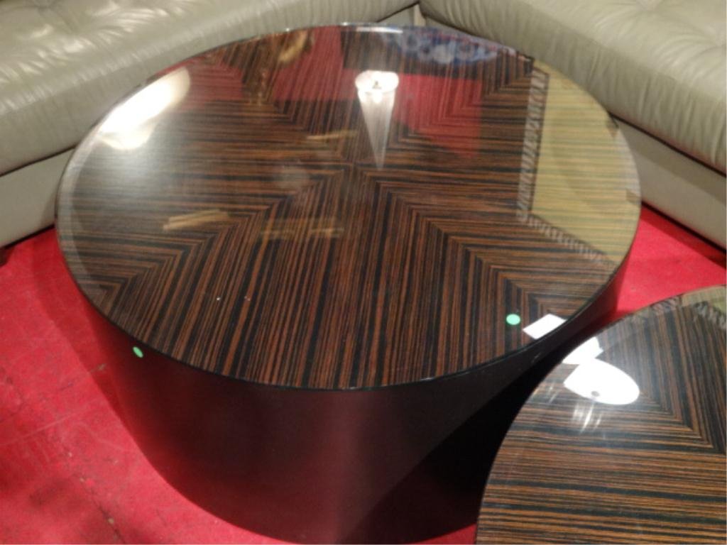 MACASSAR EBONY VENEER COCKTAIL TABLE, WITH BEVELED: MACASSAR EBONY VENEER COCKTAIL TABLE, WITH BEVELED GLASS TOP, #2 OF TWO AVAILABLE, EACH SOLD SEPARATELY, APPROX 42" DIAMETER, SKU303.3