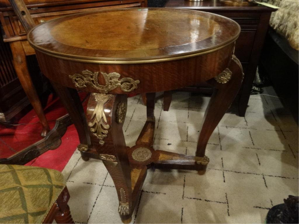 EMPIRE STYLE TABLE, GILT ORMOLU MOUNTS AND MEDALLION,: EMPIRE STYLE TABLE, GILT ORMOLU MOUNTS AND MEDALLION, INLAID WOODS, APPROX 28.5"DIAMETER, 29.5"H, SKU 265.30