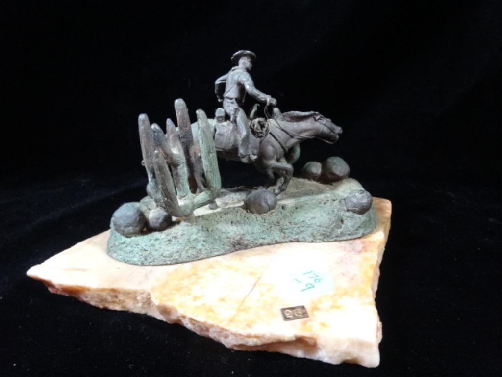 SMALL BRONZE SCULPTURE, HORSE AND RIDER, WITH CACTUS,: SMALL BRONZE SCULPTURE, HORSE AND RIDER, WITH CACTUS, ON MARBLE BASE, APPROX 4.25"H ON 8" X 5.5" BASE, SKU176.09