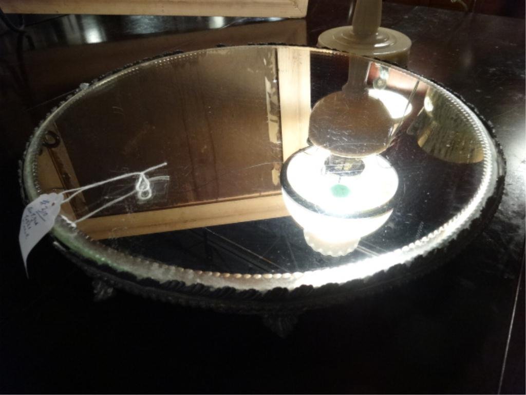 ANTIQUE MIRRORED VANITY TRAY, GOOD CONDITION WITH SOME: ANTIQUE MIRRORED VANITY TRAY, GOOD CONDITION WITH SOME CHIPS TO METAL RIM, APPROX 12" DIAMETER