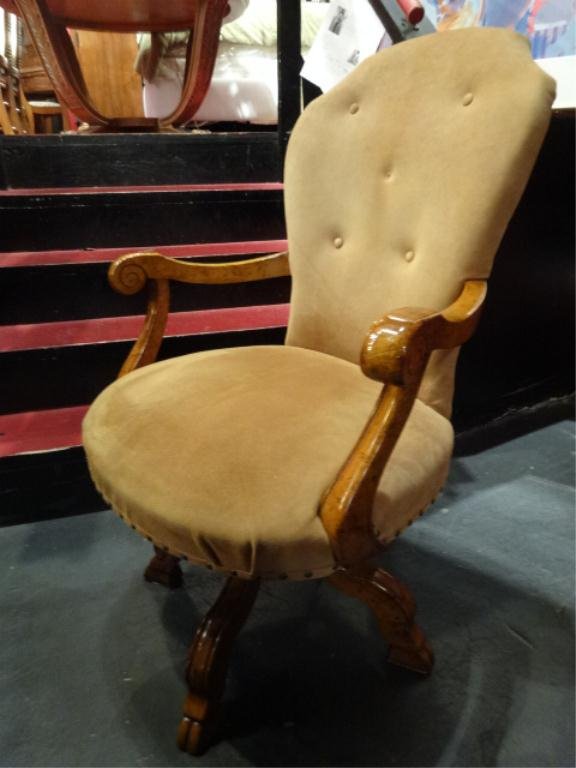 EXECUTIVE SWIVEL DESK CHAIR, LIGHT FINISH WOOD FRAME,: EXECUTIVE SWIVEL DESK CHAIR, LIGHT FINISH WOOD FRAME, BEIGE MICRO FIBER UPHOLSTERY, VERY GOOD CONDITION WITH ONE BUTTON MISSING,SKU248.55
