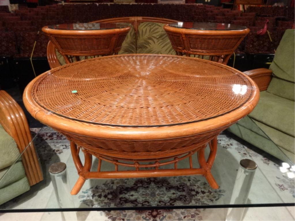 3 PC RATTAN COFFEE AND END TABLE SET, GLASS TOPS,: 3 PC RATTAN COFFEE AND END TABLE SET, GLASS TOPS, EXCELLENT CONDITION, SKU305.02
