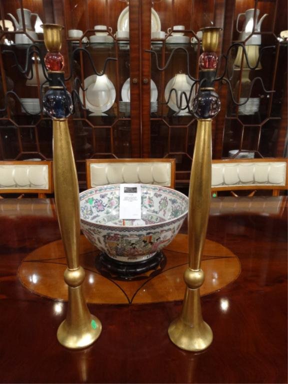 PAIR VAN TEAL CANDLESTICKS GOLD FINISH BASES WITH: PAIR VAN TEAL CANDLESTICKS GOLD FINISH BASES WITH COLORED LUCITE ORBS, APPROX 20"H, SKU7317.11