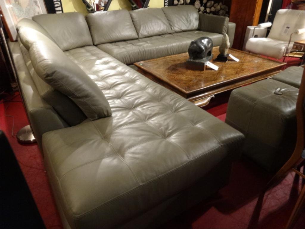 CONTEMPORARY GRAY LEATHER SECTIONAL SOFA, TWO PIECE,: CONTEMPORARY GRAY LEATHER SECTIONAL SOFA, TWO PIECE, DOVE GRAY TUFTED LEATHER UPHOLSTERY, INCLUDES TWO SQUARE OTTOMANS (ONE MISSING BUTTON), SKUAS