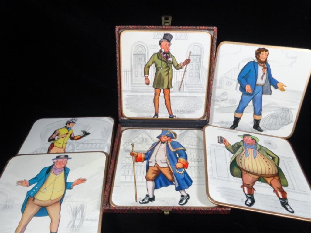 6 WIN-EL-WARE ENGLAND VINTAGE PLACEMATS, CHARLES: 6 WIN-EL-WARE ENGLAND VINTAGE PLACEMATS, CHARLES DICKENS THEME, WITH ORIGINAL BOX, APPROX 6" X 6", SKU337.15