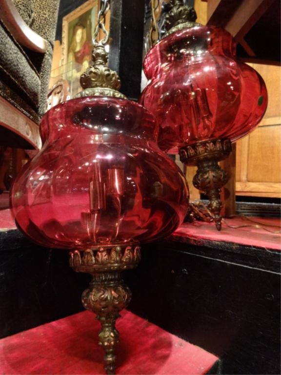 2 PC MOROCCAN STYLE HANGING LAMPS, CIRCA 1960's/1970's,: 2 PC MOROCCAN STYLE HANGING LAMPS, CIRCA 1960's/1970's, RED GLASS GLOBES, ORNATE BRASS BASE, EACH LIGHT APPROX 20"H