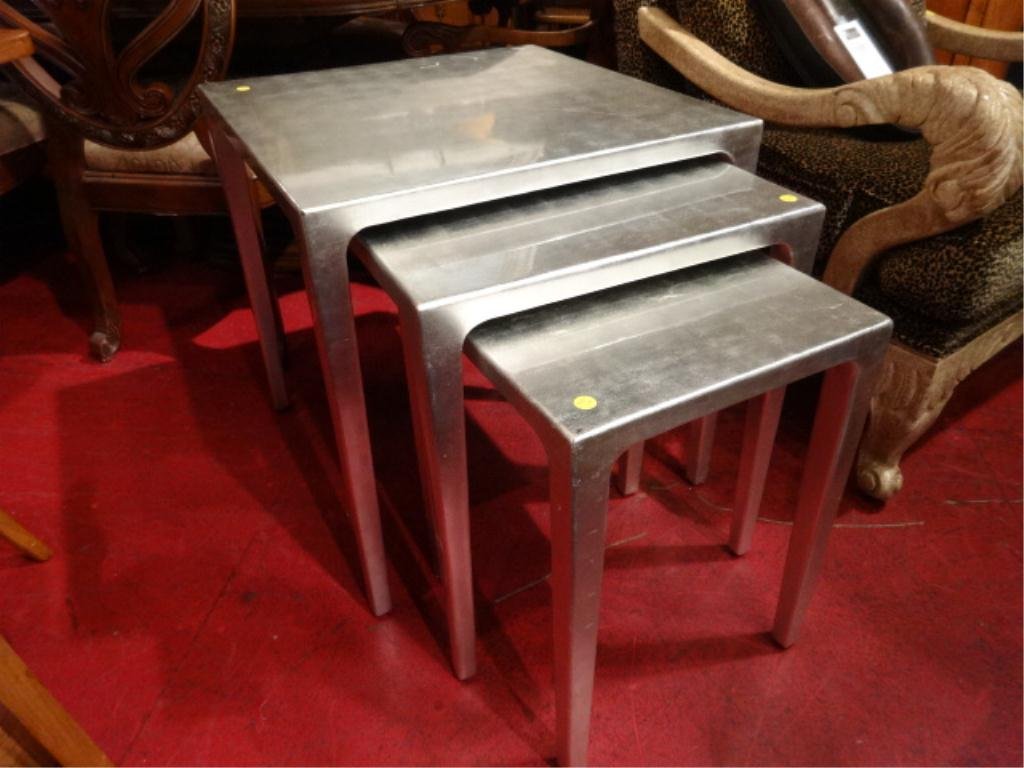 3 PC OGGETTI SILVER LACQUER STACKING TABLES, LARGEST: 3 PC OGGETTI SILVER LACQUER STACKING TABLES, LARGEST APPROX 22"W, SKU355.15