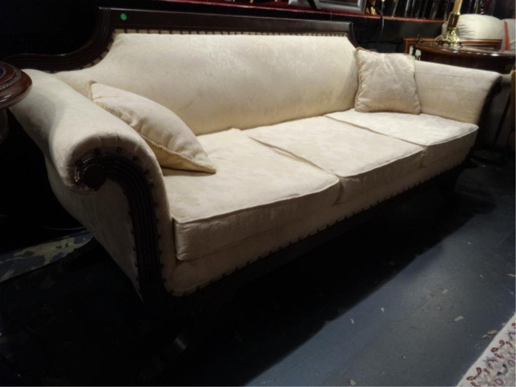 VINTAGE DUNCAN PHYFE SOFA, CREAM UPHOLSTERY, NAILHEAD: VINTAGE DUNCAN PHYFE SOFA, CREAM UPHOLSTERY, NAILHEAD TRIM, BRASS PAW FEET