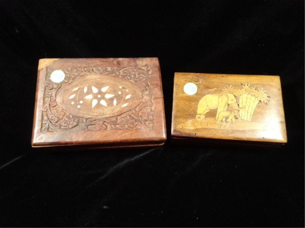 2 INLAID WOOD BOXES, LARGEST IS 7". SMALLER IS 6",: 2 INLAID WOOD BOXES, LARGEST IS 7". SMALLER IS 6", SKU358.14