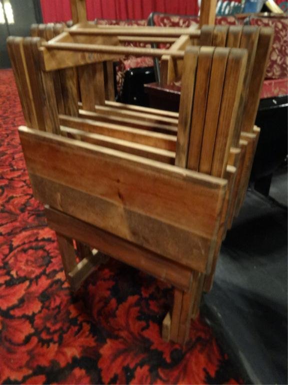 4 PC MID CENTURY WOOD FOLDING TABLES, ON WOOD STORAGE: 4 PC MID CENTURY WOOD FOLDING TABLES, ON WOOD STORAGE RACK