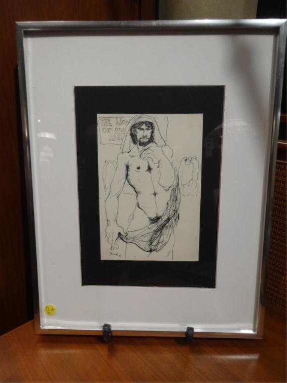 PEN & INK DRAWING, NUDE MALE, THE LION OF ISRAEL,: PEN & INK DRAWING, NUDE MALE, THE LION OF ISRAEL, SIGNED LOWER LEFT, APPROX 18.5" X 14.5" FRAMED, SKU353.04