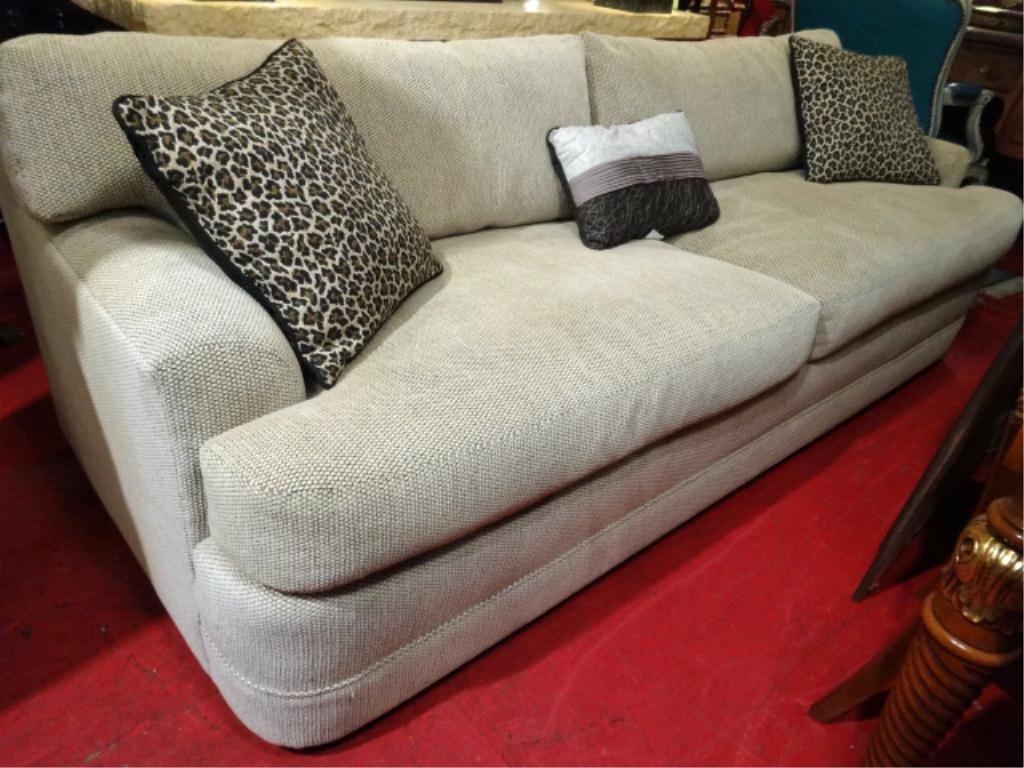 DESIGNER JUDITH NORMAN SOFA, BEIGE CHENILLE, LABELED: DESIGNER JUDITH NORMAN SOFA, BEIGE CHENILLE, LABELED JUDITH NORMAN COLLECTION, DESIGN CENTER OF THE AMERICAS, (NOTE: ACCENT PILLOWS NOT INCLUDED), EXCELLENT CONDITION, SKU383.5