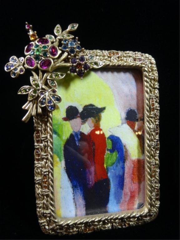 JAY STRONGWATER PHOTO FRAME, SWAROVSKI CRYSTALS,: JAY STRONGWATER PHOTO FRAME, SWAROVSKI CRYSTALS, BELINDA "JEWELED FLOWER", RECTANGULAR WITH FLORALS ON UPPER LEFT, TAG ATTACHED, APPROX 4.75" X 3.5", SKU7342